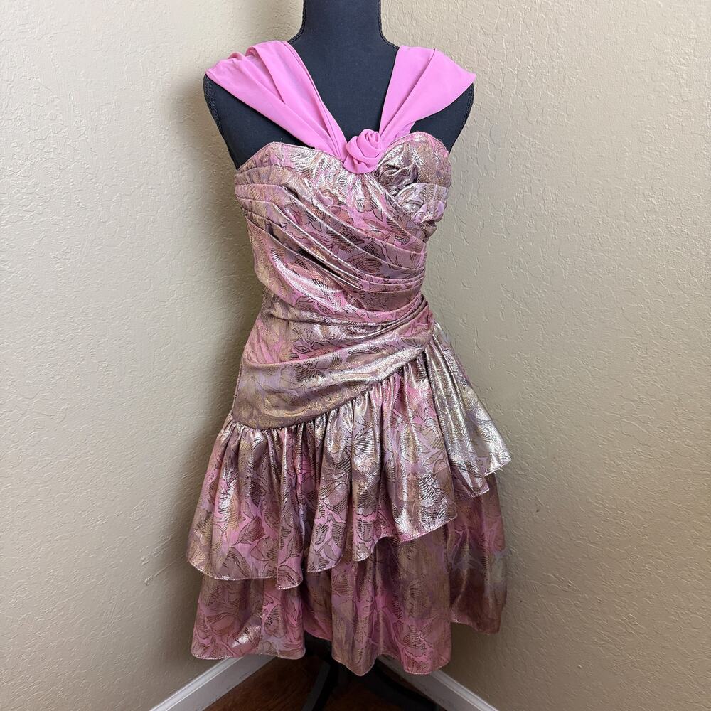 Vintage Gunne Sax Jessica McClintock Pink Gold Strapless Party Dress 7/8